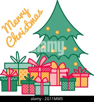 Eingewickelte Geschenke und Geschenke unter Weihnachtsbaum mit Grußzeichen Frohe Weihnachten, Neujahr Illustration, Vektor-Linie Kunst Stock Vektor