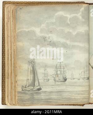 Schiffe zum Ankern. Blackwitting einer Reihe von größeren Schiffen zum Anker und zwei Segelbars, vielleicht auf der Rede von Texel. Teil von Jan Brandes, DL Skizzenbuch. 2 (1808), S. 54. Stockfoto
