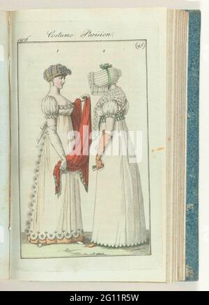 Journal des Ladies et des Modes, Ausgabe Frankfurt 3. November 1806, Costume Parisien (45). Nach dem Begleittext (S.157-158): ABB. 1: Hut aus geflochtenem Stroh und Bänder von der Seite. Goldene Ohrringe. Schürze aus Musselin mit gesticktem Rand auf einem gelben Seidenunterrock. Kurze Puffärmel. Seidenschal. Weiße Handschuhe. Weiße Schuhe. ABB. 2: Baldachin von Perkale mit grünem Band unter dem Kinn. JAP aus weißem Musselin. Kurze Puffärmel. Bestickter Fichu. Belton aus Seide geflochtener Kordel. Gelbe Handschuhe (Gämsen). Gelbe Schuhe. Der Print ist Teil des Modemagazins Journal des Ladens et of the Stockfoto