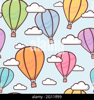 Nahtloses Muster mit bunten Umriss Luftballons am Himmel mit Wolken, naive und einfache Hintergrund, niedliche Vektor-Illustration für Kinder Stock Vektor