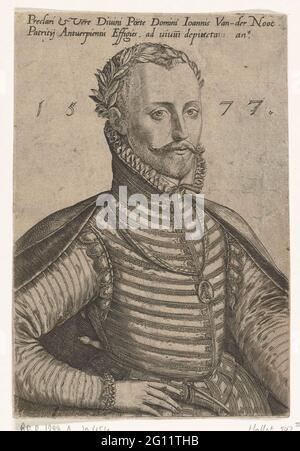 Porträt von Jan van der Noot. Jonker Jan van der Noot, niederländischer Dichter, halb traurigerweise porträtiert, gekrönt mit Lorbeerkranz. Medaille um den Hals mit dem Bild eines Musikers, der auf einer Winde spielt. Lateinische Inschrift. Stockfoto