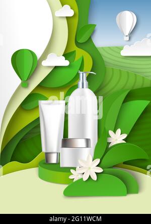 Grüner Tee Extrakt Hautpflege Produkt Anzeigen Vorlage, Vektor-Illustration. Kosmetische Flaschenmockups, papiergeschnittene Blätter, Felder Stock Vektor
