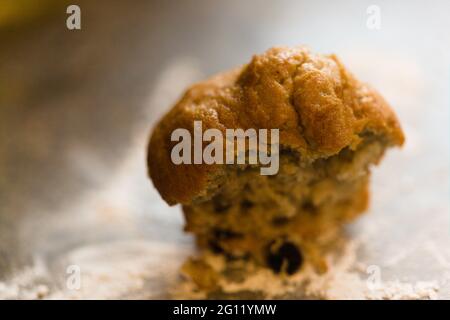 Nahaufnahme eines frisch gebackenen Blaubeer-Muffins zur Hälfte gegessen Stockfoto