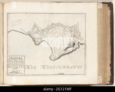 Karte von Collioure, ca. 1693-1696; Collioure, Ville Forte, Port sur La Mer Mediterranée (...); Les Forces de l'Europe, Ou Beschreibung des Principales Villes, Avec Leurs Befestigungsanlagen: Dessignées PAR LES MEILLEURS Ingenieure, private Party Celles (...) De La France, dont Les Plans DEVEÉ LEVEZ PAR M. DE VAUBAN. Karte der Verstärkung der französischen Hafenstadt Collioure. Teil des siebten Teils (1696) des Bildes, in dem sich die acht Teile der Les Forces de l'Europe befinden, die zwischen 1693 und 1697 herausgegeben wurden. Die Druckerei besteht aus 175 Druckplatten mit Plänen (von Sébastien Le Preterre, Seigneur Stockfoto