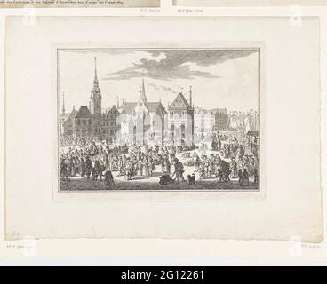 Headermand-Tag mit Leprzenopocht in Amsterdam, 1604. Die jährliche Prozession der Gilden in Koppermaandag (am ersten Montag nach drei Königen) in Amsterdam, 1604. Prozession und Feste auf dem Zünfte-Damm, wo die Leprons in der Stadt dürfen und wo Geld für das Geld der Leprans gesammelt wurde. 1604 wurde der Koppermaandag zuletzt in Amsterdam gefeiert. Stockfoto