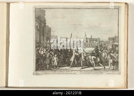 König Jacobus II. Von Ludwig XIV., 1689; Ludwig XIV., König von Vrankryk, Welkomt Jakobus II., König von England usw.: Nach St. Germain und Laye den 5. Januar: 1689; Englants Bühne, vorstellen, die schnelle von Jacobus II, König der Großen Brittanyen etc. Mit DESSELFS Ankunft in Yrlant und weitere Veranstaltungen, Ich Teile. Der geflüchtete englische König Jacobus II. Wird am Château. Januar 1689 im Schloss 5 de Saint-Germain-en-Laye von König Ludwig XIV. Begrüßt. Platte P in der Serie "Engeants Stage" über die glorreiche Revolution und die Ereignisse der Vorjahre 1685-1689 (erster Teil). Mit Bildunterschriften auf Niederländisch und Französisch. Stockfoto