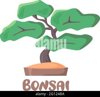 Bonsai-Illustration und Schriftzug im flachen Stil, kleiner Baum im Topf, Vektor-Konzept Stock Vektor