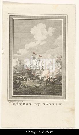 Holländische Schiffe bei Bantam von Einheimischen angegriffen, ca. 1600; FACID bei Bantam. Hollandse Schiffe bei Bantam von den Einheimischen mit Pfeil und Bogen in kleinen Booten angegriffen, ca. 1600. Dies ist wahrscheinlich der Kampf mit Javanesen in Baai von Bantam, während der ersten Schipvaert von Cornelis de Houtman auf den Ostindien im Jahr 1595-1597. Lagerung in der Sammlung Frederik Muller als (fälschlicherweise) Illustration der Seeschlacht um Bantam zwischen den fünf niederländischen Schiffen des Admiraal Wolfert Hermansz und der portugiesischen Flotte von dreißig Schiffen in der Seeschlacht, 25-30. Dezember 1601. Stockfoto
