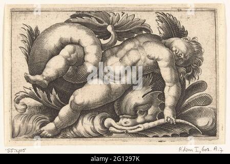 Schlafender Putto auf einem Delphin; Putti auf See Statement. Obachi-Kopie zu einem Druck von Giovanni Andrea Maglioli. Stockfoto