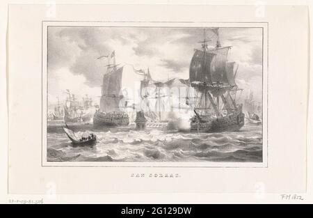 Während der Schlacht von Kaap St. Vincent wird Kapitän Jan SsoaS von De Ruyter, 1641; Jan Solaas, entlastet. Kapitän Jan Solaas auf dem Schiff der Engel Gabriel wird während der Schlacht von Kaap St. Vincent von zwei spanischen Schiffen angegriffen, aber von Michiel de Ruyter, 4. November 1641, entlastet. Stockfoto