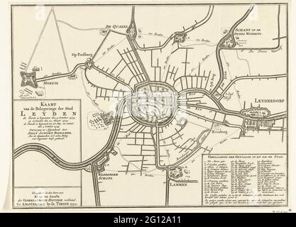 Karte der Belagerungsstadt Leiden, 1573-1574; Karte der Belagerungsstadt Leyden (...). Karte von Leiden und der umliegenden Schansen während der Belagerungszeit von Leiden, 1573-1574. Leiderdorp auf der rechten Seite. Unten rechts die Legende der Figuren 1-49 auf Niederländisch. Stockfoto