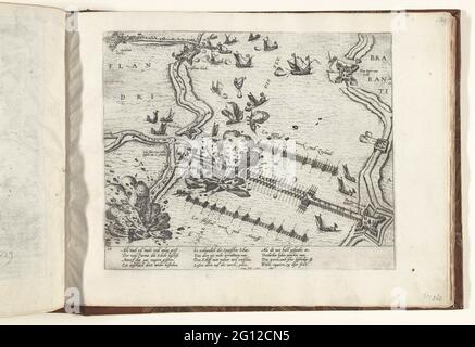 Schipbrug van Parma über der Schelde gesprengt, 1585; Serie 9: Niederländische und deutsche Veranstaltungen, 1583-1587. Schipbrug van de Hertog van Parma über der Schelde gesprengt, 5. April 1585. Mit einer Bildunterschrift von 12 Regeln in deutscher Sprache. Nummeriert: 83. Stockfoto