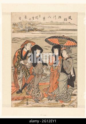 Abendschnee in Suito; SANDENDO NO BOSETSU; acht Gesichter mit Zoll und Einsatz in Fukagawa; Fuzoku Fukagawa Hakkei. VEERMAN, eine Frau mit einem schwarzen Kopftuch in seinem Boot, die half; beide schauten auf eine zweite Frau mit schwarzem Kopftuch, die mit der Kellnerin des Teehauses, unter einem Regenschirm, auf einem verschneiten Steg stand. Im Hintergrund Nebel und Gesicht auf einem Holzhof. Stockfoto