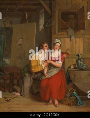Anthony van Dyck hat sein Modell entworfen. In seinem Atelier verliebt sich die Malerin Anthonie Van Dijck in sein Modell. Links das Bild, in dem die Frau für rechts einen Tisch mit Krug, Käse und einem Teller stellt. Stockfoto