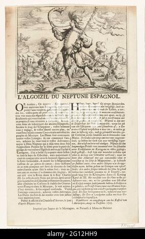 Karikatur zu einer französischen Niederlage in einer Seeschlacht, 1705; L'Algoizil du Neptune Espagnol. Karikatur zu einer französischen Niederlage in einer nicht detaillierten Seeschlacht (bei GIBRALTAR?) Im Jahr 1705. Im Vordergrund ein auf ein Horn gebläsender Bläser, im Hintergrund die Seeschlacht. Auf dem Blatt unter der Platte Texte in Französisch und Niederländisch. Im Text angegeben: Veröffentlicht und gefangen auf der Burg Antwerpen, täglich nach Paaschen. 1705. Teil einer Gruppe von Einzelkartrenten bei Ludwig XIV. Während des Spanischen Erbfolgekrieges, ca. 1701-1713. Stockfoto