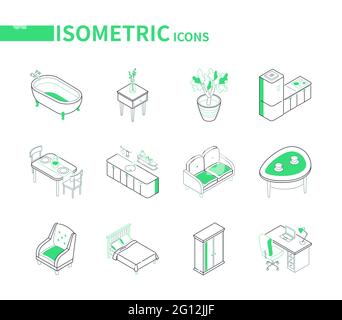 Elemente der Inneneinrichtung - Linie isometrische Symbole auf weißem Hintergrund gesetzt. Möbelbilder. Badewanne, Küchenschrank, Ess-, Kaffee- und Kochtische, Stock Vektor