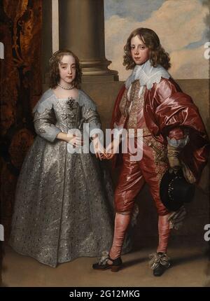 Wilhelm II., Prinz von Oranien, und seine Braut, Mary Stuart. Der Junge ist vierzehn und das Mädchen nur neun. William’s Vater, Frederick Henry, beauftragte den berühmten flämischen Maler Van Dyck, den jungen niederländischen Prinzen und die englische Prinzessin anlässlich ihrer Hochzeit in London zu porträtieren. Die Vereinigung mit der Tochter des englischen Königs erhöhte den Status des Hauses Orange. Auf ihrem Kleid trägt Mary ein Geschenk von William, eine große Diamantbrosche. Stockfoto