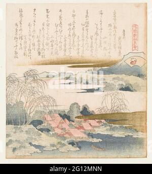 Brokatschale; Nishikigai; EIN Vergleich von Genroku-Gedichten und -Schalen; Genroku Kasen Kaiawase. Das Dorf Mutsuda, berühmt für seine weinenden Weiden, am Ufer des Yoshino Flusses. Im Vordergrund eine Fähre; im Hintergrund ein Berg zwischen Nebelbänken. Mit acht Gedichten. Die Schale, auf die sich der Titel bezieht, ist in der Ventilatordusche zu sehen. Stockfoto