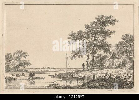 Landschaft mit Boot. Eine Flusslandschaft mit Kühen und einem Segelboot. Am Ufer des Flusses, mit zwei Bäumen, ist eine Person mit einem Kind in den Armen. Zwischen den Bäumen im Hintergrund das Dach eines Bauernhofes. Stockfoto