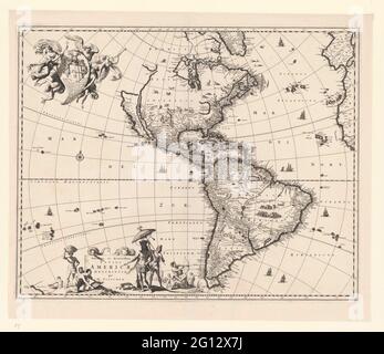 Karte von Amerika; Novissima et accuratissima tote americae descriptio. Karte von Nord- und Südamerika. Schiffe im Meer, Berge, Bäume, Tiere, Menschen und Gebäude auf dem Land. Links unter Kartusche mit Titel, Schläuchen, Einheimischen und einem lokalen Frost, spezifische lokale Aktivitäten. Links oben der Auftrag an den Amsterdamer Bürgermeister Cornelis Witsen und den Chef des WIC, mit Wappen und Helm, getragen von drei Engeln und einem Indianer. Stockfoto
