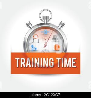 Trainingszeitkonzept. Stoppuhr mit orangefarbenem Informationsbanner. Stock Vektor