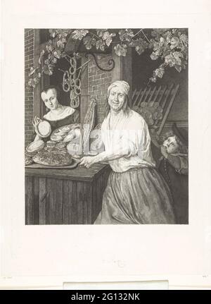 Bakker arent Oostwaard und seine Frau Catharina Keizerswaard. Portraits von Leiden Bakker arent Oostwaard (Arend Oostwaert) und seiner Frau Catharina Keizerswaard (Catharina Keyzerswaert) mit allen möglichen Arten von frisch gebackenem Brot (Sandwiches, Schriftsteller, Cadettes, Ferkel) für die Bäckerei. In die Tür der Bäckerei bläst ein Junge, wahrscheinlich ihr Sohn Thaddeus, auf ein Horn. Weinbau über der Tür. Stockfoto