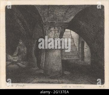 Kellergewölbe. Das Kellergewölbe einer Burg, die auf schweren Säulen ruht. Im Hintergrund ein Mann mit Laterne. Stockfoto