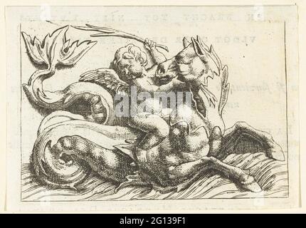 Cherub auf Seepferd; Histoire Metallique de la République de Hollande. Der Cherub hat einen Stock in der Hand. Aus Serien-Vignetten mit Meer-uts und Allegorien, als Illustration im Buch Histoire Metallique de la République de Hollande von P. Bizot. Stockfoto