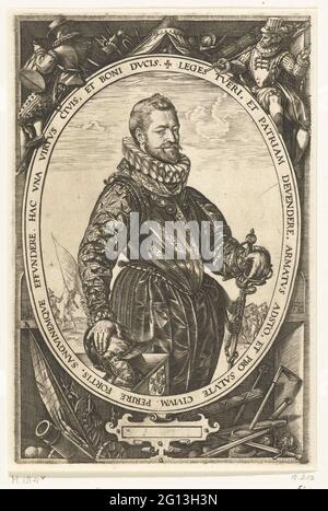 Porträt von Jacques de la Faille. Porträt von Jacques de la Faille (1548-1615), Oberst der Antwerpener Zivilgarde, nach 1584 Kaufmann in Haarlem. Stehend, nach links gedreht, rechte Hand auf Helm gelehnt, linke Hand auf Schwert. Vorname gekleidet. In oval mit einem peripheren. Anhänger des Portraits der Frau Josina Hamels. Stockfoto