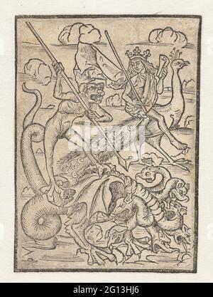 Allegorische Show. Rechts ist ein gekrönter Mann auf einem Pfau, in der linken Hand hält er ein Blatt Papier, im Richter einen Stock. Vorne links steht der Teufel auf einem Drachen mit sieben Tassen, er hat einen Spieß in den Händen Stockfoto