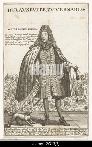 Der Sprecher von Versailles, 1692; der Ausrufer zu Versailles. Versailler Ansager. Karikatur zum französischen König Ludwig XIV., der die Nachricht von der Niederlage in der Seeschlacht am Kap La Hogue bringt, in der die Franzosen unter dem Admiraal de Tourville von der kombinierten Flotte von England und Holland unter den Admiralen Russel und Almonde besiegt wurden, 29. Mai bis 3. Juni 1692. In der linken Hand ein Panzer, eine lange Liste in der rechten Hand mit den Namen der verbrannten französischen Schiffe, zu seinen Füßen ein bellender Hund, im Hintergrund die Seeschlacht. In der Show ein Anruf vom Namen des Königs und zwei Verse von vier Regeln in Germa Stockfoto