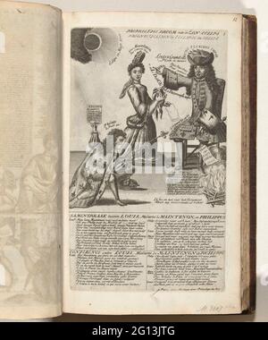 Madame der Maintenon und Philip V knien für Louis XIV, 1706; Prophezeiungstraum der Sonnenfinsternis / Prognostizierung der Sonnenfinsternis; 8. Der louis riecht kurz nach der Sonnenfinsternis; Bycup an die Koninglyke Almanach, genannt Gulde-Jahr der Alliierten, 1706 / 't Lusthof von Momus. Madame der Wartenon und Philipp V. überreichen einen Antrag an Ludwig XIV. Oben links die Sonnenfinsternis am 12. Mai 1706 während des Verlusts von Barcelona. In der Platte Verse in Niederländisch und Französisch. In der Platte 2 Spalten in Niederländisch und Französisch. Blatt Nr. 8 (oben rechts nummeriert) in der Serie von 25 Blättern mit dem Titel: Bycup to the Koni Stockfoto