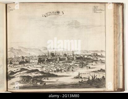 Gesicht auf astrakhan, 1726; Astrakan, Ville Capitale du Royaume du Même Nom und Moscovie; Les Forces de l'Europe, Asie, Afrique et Amerique (...) Comme Aussi Les Cartes des Côtes de France et d'Espagne. Blick auf astrachan, Stadt im Süden Russlands. Im Vordergrund Boote auf einem Fluss und der sogenannte Kalmukic Markt. Tafel Nr. 452 im Teil XVIII des Bildes: Les Forces de l'Europe, Asia, Afrique et amic ... Comme Aussi Les Cartes des Côtes de France et d'Espagne aus dem Jahr 1726, dieser zweite Teil mit 271 handnummerierten Tafeln namhafter starker Städte und Festungen im Kontext des spanischen Suc Stockfoto