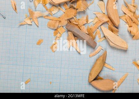 Handgemachte hölzerne Fischerei tacles graph Papier Hintergrund mit Werkzeugen und Rohlinge. Mockap für Werbung und Veröffentlichung. Stockfoto