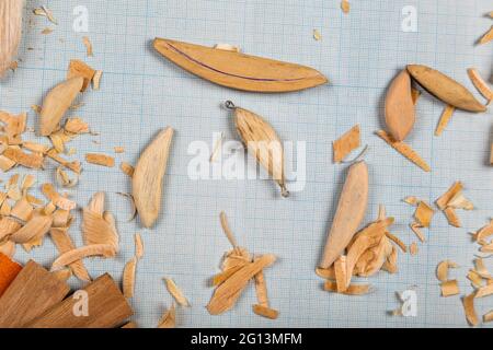 Handgemachte hölzerne Fischerei tacles graph Papier Hintergrund mit Werkzeugen und Rohlinge. Mockap für Werbung und Veröffentlichung. Stockfoto
