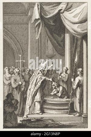 Taufe von Clovis, 496. Taufe von Clovis, König der Franken, in Reims am 25. Dezember im Jahr 496. Clovis kniet in einem Taufbecken und kann vom Heiligen Remigius getauft werden. Stockfoto