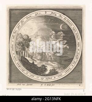 Vierter Schöpfungstag: Gott erschafft Sonne, Mond und Sterne; von der Schöpfung bis zur Vertreibung aus dem Paradies. Vierter Schöpfungstag: Gott erschafft Sonne, Mond und Sterne und trennt so das Licht der Finsternis. In Medaillon mit lateinischem Buchstabentext aus Genesis 1, in rechteckigem Rahmen. Stockfoto