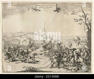 Gefängnis von Johan VIII., Graf von Nassau-Siegen bei Schlachten in Wesel, 1630; Graef Jan van Nassou Stopen und Ghevanghen. Anno 1630. Gefängnis von Johan VIII., Graf von Nassau-Siegen von Kolonel Ysselstein bei Schlachten in Wesel, August 1630. Heftige Kämpfe in einer Landschaft für eine Kirche, direkt im Vordergrund wird der Graf im Pferd. Unterschrift unten: Abb. 11, FOL. 102. Stockfoto