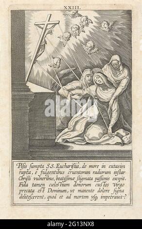 Catharina erhält die Stigmata Christi; das Leben von Siena H. Catharina. Catharina bricht in den Armen zweier Schwestern zusammen, nachdem sie die Stigmata Christi empfangen hat. Vom Leib Christi auf einem Kruzifix, das die Linien zu den Wunden von Catharina führt. Teil einer Serie über Catharina van Siena, bestehend aus einem Titelbild, einem Porträt und 32 nummerierten Szenen aus ihrem Leben. Stockfoto