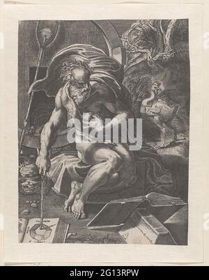 Diogenes. Diogenes sitzt auf dem Boden für sein Fass. In der Hand hat er einen Stock, mit dem er in ein Geometriebuch weist. Ein gepflückter Hahn im Hintergrund. Stockfoto