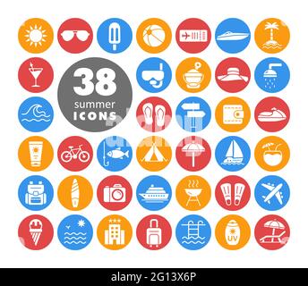 Sommer-Vektor-weiße Glyphen-Symbole gesetzt. Sommerzeitzeichen. Graph-Symbol für Reise- und Tourismus-Website und Apps Design, Logo, App, UI Stock Vektor