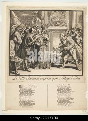 Karikatur zu Ludwig XIV. Und zur Verfolgung der Protestanten in Frankreich, 1689; La Belle Constance Dragonée Par Arlequin Doohat; Karikatur zu Jacobus II. Und Ludwig XIV. Und den Ereignissen in den Jahren 1688-1689. Karikatur auf Ludwig XIV. Und die Verfolgung der Protestanten in Frankreich, 1689. La Belle Constance (die französischen Protestanten) der Hof wird von Ludwig XIV., Jesuit und Soldaten gemacht. In der Gruppe rechts mit König Jacobus II. Und der Königin mit dem armen Kind kann sie keine Sicherheit finden. Unter der Show ein Vers in 2 Kolumnen auf Niederländisch. Stockfoto