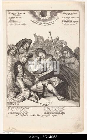 Ludwig XIV. Wurde nach der Nachricht über den Verlust von Barcelona, 1706, ohnmächtig; T French Hoff in Alarm / Toute La Cour de France und Allarme; Royal Almanach von 1701 / 't Lusthof aus Momus. Ludwig XIV. Wurde nach der Nachricht über den Verlust von Barcelona ohnmächtig. Madame the Maintenon und Père La Chaise versuchen, ihn zu wecken. An der Spitze der Sonnenfinsternis am 12. Mai 1706 während des Verlustes von Barcelona. Mit Versen auf Niederländisch. Teil einer Serie von 19 Karikaturen über die Franzosen und Verbündete aus dem Jahr 1706. Stockfoto