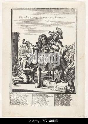 Der beklemmende Ansager von Versailles, 1692; die Cloche von Versailles. Der beklemmende Ansager von Versailles. Karikatur auf den französischen König Ludwig XIV. Als Anrufer in der Stadt. Der König hat die Nachricht von der Niederlage in der Seeschlacht bei Kaap La Hogue satt, wo die Franzosen unter Admiral Tourville vom 29. Mai bis 3. Juni 1692 von der kombinierten Flotte von England und Holland unter den Admiralen Russel und Almonde besiegt wurden. Ein lächelnder Engländer und Niederländer möchten, dass er einen Topf zum Erbrechen und zur Heilung eines Aktenvernichters hat. Im Vordergrund ein Hund mit der langen Liste mit den Namen der verbrannten französischen Schiffe, im Hintergrund Stockfoto