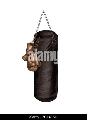 Boxhandschuhe und Boxsack, farbige Zeichnung, realistisch. Vektordarstellung von Farben Stock Vektor