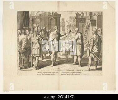 Karl V. hat ein Kloster zu bauen, 1555, Nr. 8; Szenen aus dem Leben von Charles V.; La Vie de l 'Empereur Charles V. und Tres-Belles Tailles-Douces, Gravées sur Les Dessins du Celébre A. Tempeste, Par Deux des Plus Habiles Maitres J. de Gein & C. Boel. A Leide, Kaz Pierre van der AA, avec Privilege. Karl V. in Absprache mit den Architekten des Klosters, das er lässt. Im Hintergrund Bauarbeiten, 1555. Mit der Beschriftung von vier Regeln in lateinischer Sprache. Stockfoto