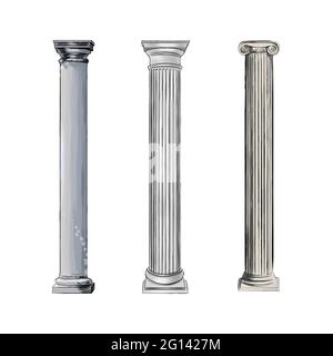 Antike weiße Säulen aus Wasserfarben, farbige Zeichnung, realistisch. Vektordarstellung von Farben Stock Vektor