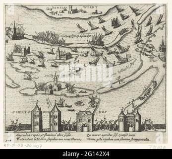 Die Spanier aus dem Bommelerwaard, die durch Durchstechen der Deiche getrieben wurden, 1585. Englisch von Nijmegen von Parma aus der Festung von Lent Verhadte, 15. November 1585. Die englischen Soldaten fliehen aus Fort Knodsenburg als Armee von Parma über dem Waal. Mit einer lateinischen Beschriftung von 4 Zeilen. Nummeriert: 177. Rückseitig mit lateinischem Text gedruckt. Stockfoto