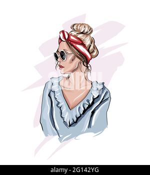 Schöne junge Frau in Sonnenbrille. Stilvolles Mädchen in einem roten Haarreif. Modischer femininer Look, farbige Zeichnung, realistisch. Vektordarstellung von Pai Stock Vektor