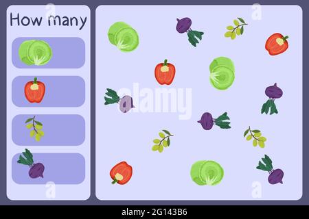 Kids mathematische Mini-Spiel - zählen, wie viele Gemüse - Kohl, Pfeffer, Oliven, Kohlrabi. Pädagogische Spiele für Kinder. Cartoon Design Vorlage auf bunten Hintergrund. Vektorgrafik. Stock Vektor